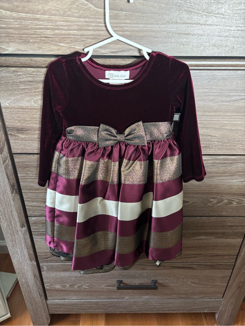 Bonnie Jean Girls' Burgundy Velvet & Stripe Party Dress 3T